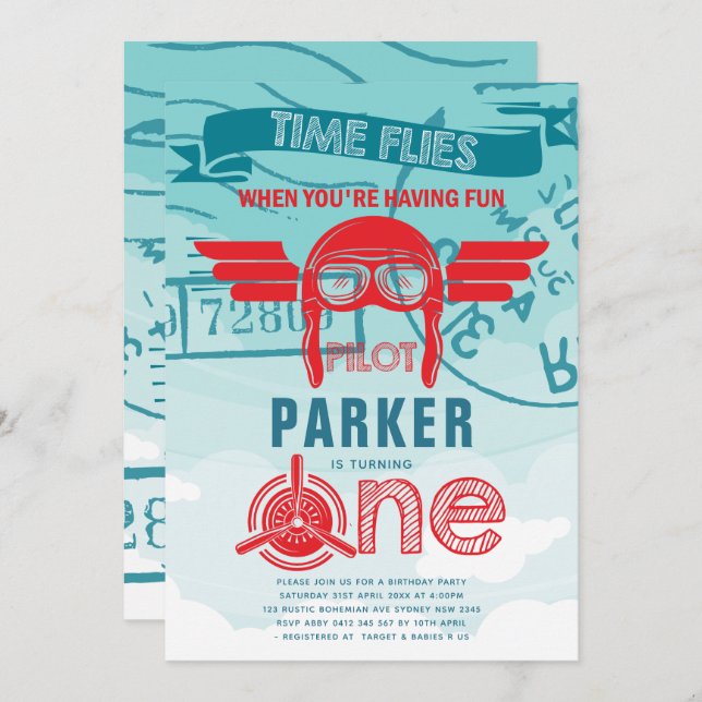 Airplane First Birthday Party Invitation (Front/Back)