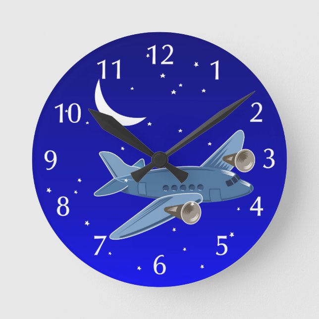 Airplane flying at night with moon & stars. Pilot Round Clock (Front)