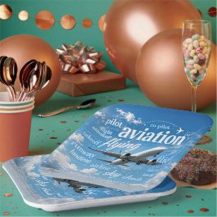 Airplane Flying in a Word Cloud Paper Plate