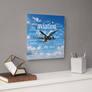 Airplane Flying in a Word Cloud Square Wall Clock