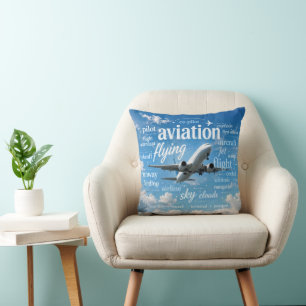 Airplane Flying in a Word Cloud Throw Pillow