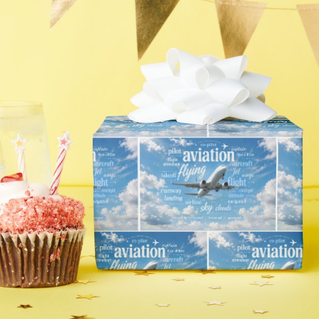 Airplane Flying in a Word Cloud Wrapping Paper (Birthday Party)