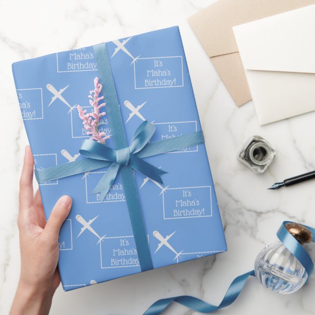 Airplane Flying Personalized Birthday Flag on Blue Wrapping Paper (Gifting)
