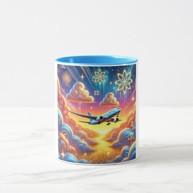 Airplane Flying Through Colourful Sky Mug (Center)