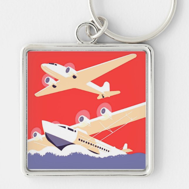 Airplane Flying Vintage WPA Colorful Keychain (Front)