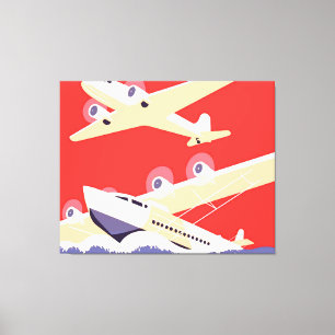 Airplane Flying Vintage WPA Colourful Canvas Print