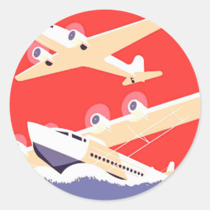 Airplane Flying Vintage WPA Colourful Classic Round Sticker