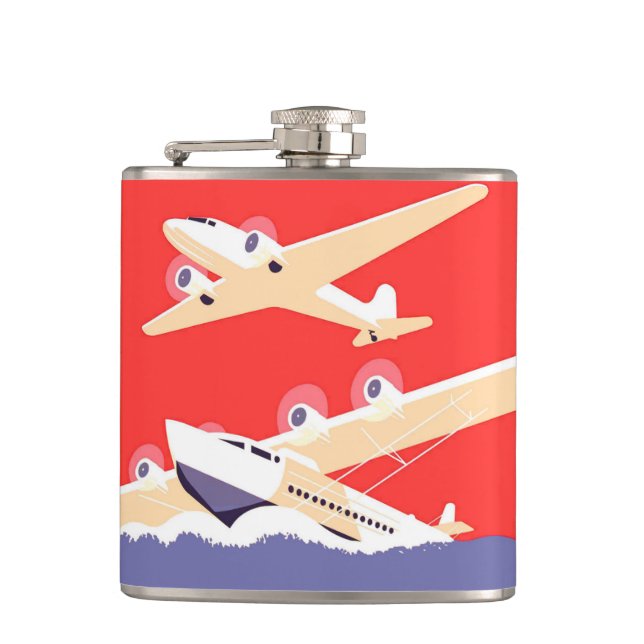 Airplane Flying Vintage WPA Colourful Hip Flask (Front)