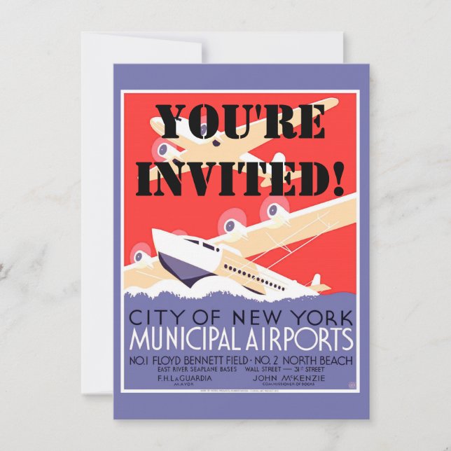 Airplane Flying Vintage WPA Colourful Invitation (Front)