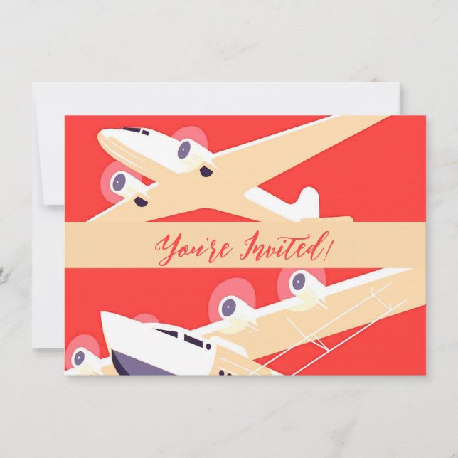 Airplane Flying Vintage WPA Colourful Invitation (Front)