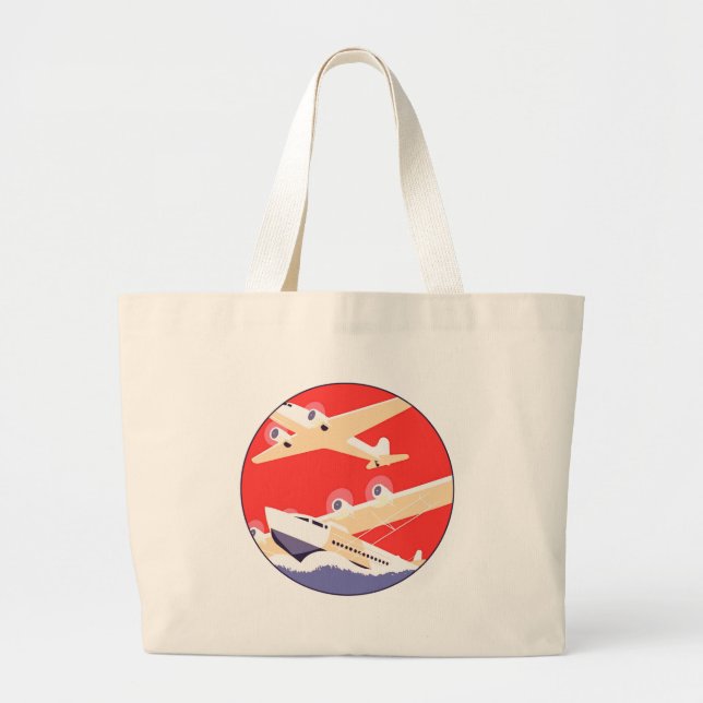 Airplane Flying Vintage WPA Colourful Large Tote Bag (Front)
