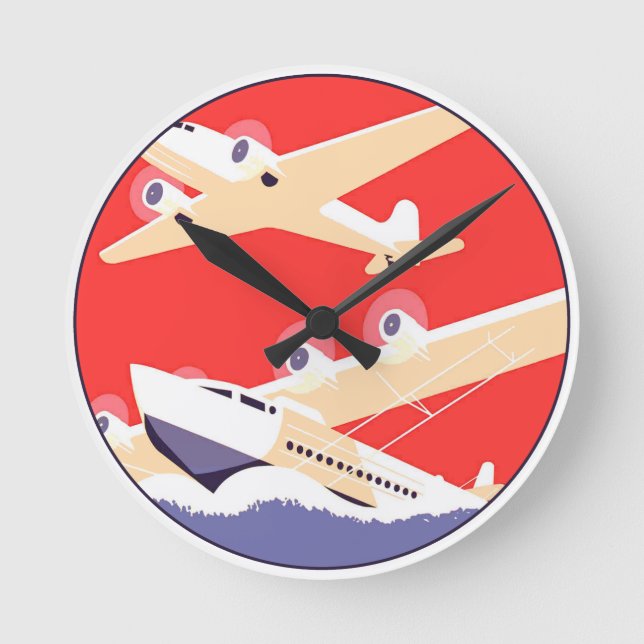 Airplane Flying Vintage WPA Colourful Round Clock (Front)