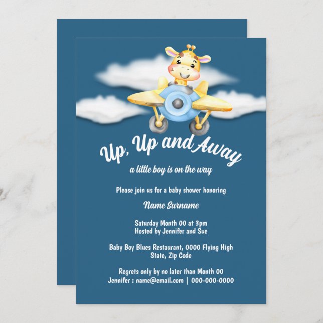 Airplane giraffe baby shower blue pilot plane invitation (Front/Back)
