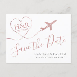 Airplane Heart Pink Destination Wedding Save Date Announcement Postcard