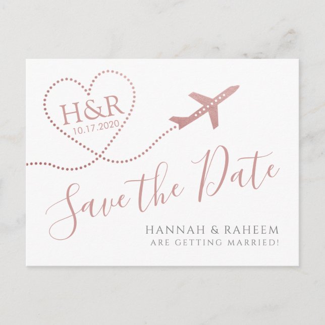 Airplane Heart Pink Destination Wedding Save Date Announcement Postcard (Front)