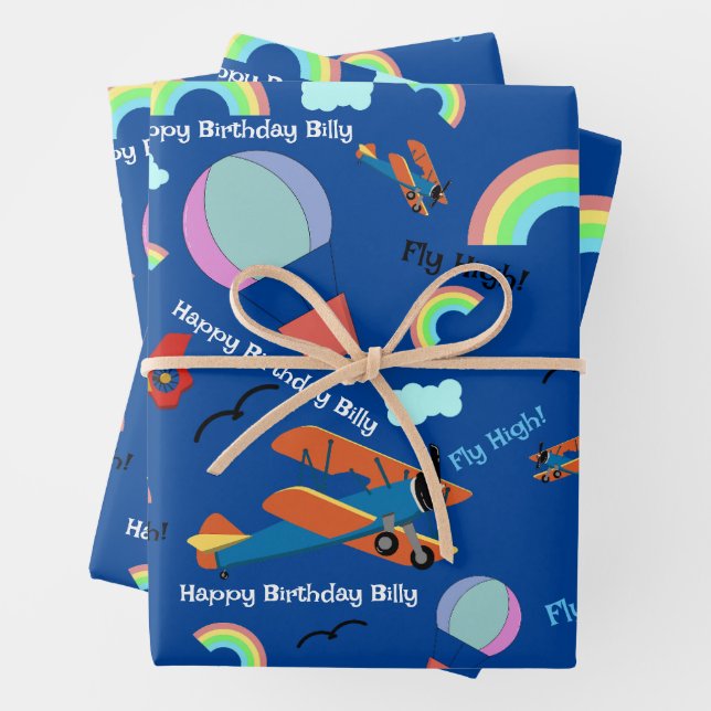 Airplane Hot Air Balloon Add Boy's Name Birthday 3 Wrapping Paper Sheet (In situ)