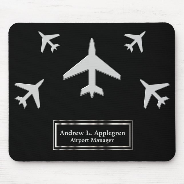 Airplane in a Faux Silver on Black Mouse Pad (Front)