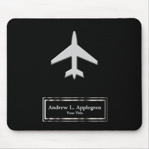 Airplane in a Faux Silver on Black Mouse Pad