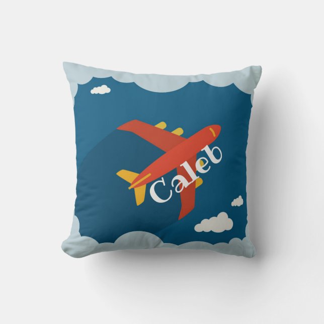 Airplane in Blue Sky Child's Nursery Personalized Throw Pillow (Front)