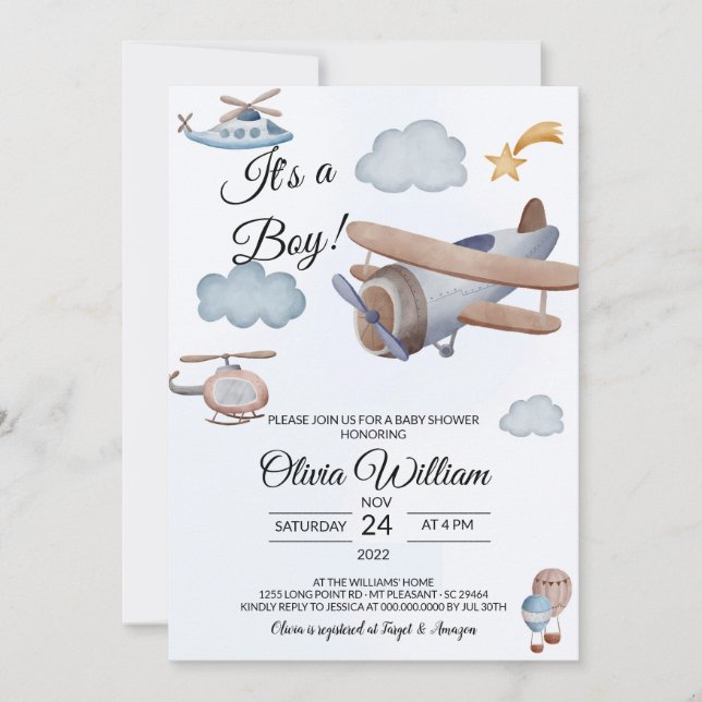 Airplane It's a Boy Baby Shower Invitation (Front)