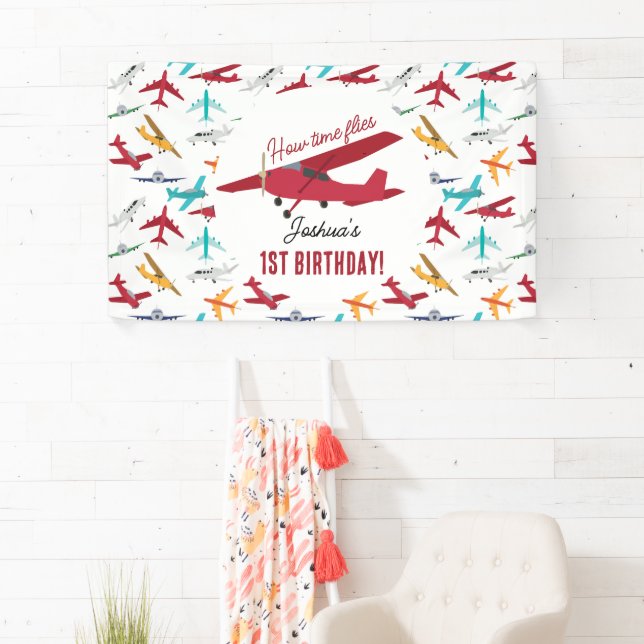 Airplane Kids 1st Birthday Party Time Flies Banner (Insitu)