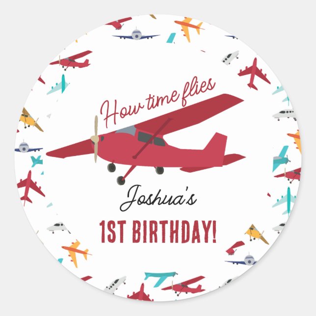 Airplane Kids 1st Birthday Party Time Flies Classic Round Sticker (Front)