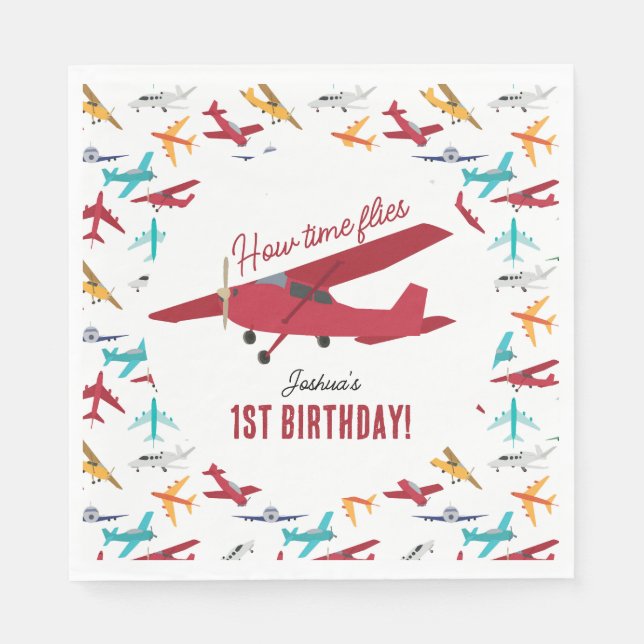 Airplane Kids 1st Birthday Party Time Flies Napkin (Front)