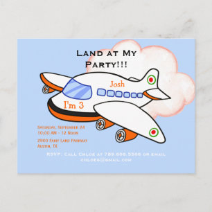 Airplane Land at My Birthday Party Blue Invitation Postcard