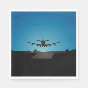 Airplane Landing Silhouette at Night Napkin