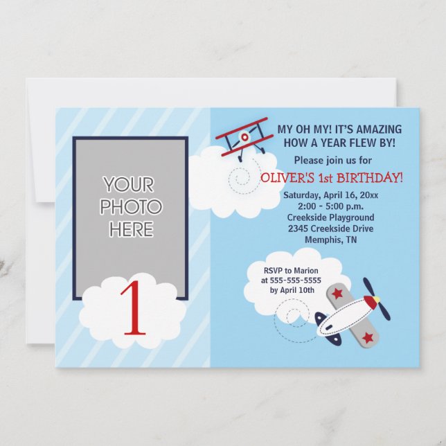 Airplane Little Aviator Red/Blue Photo Birthday Invitation (Front)