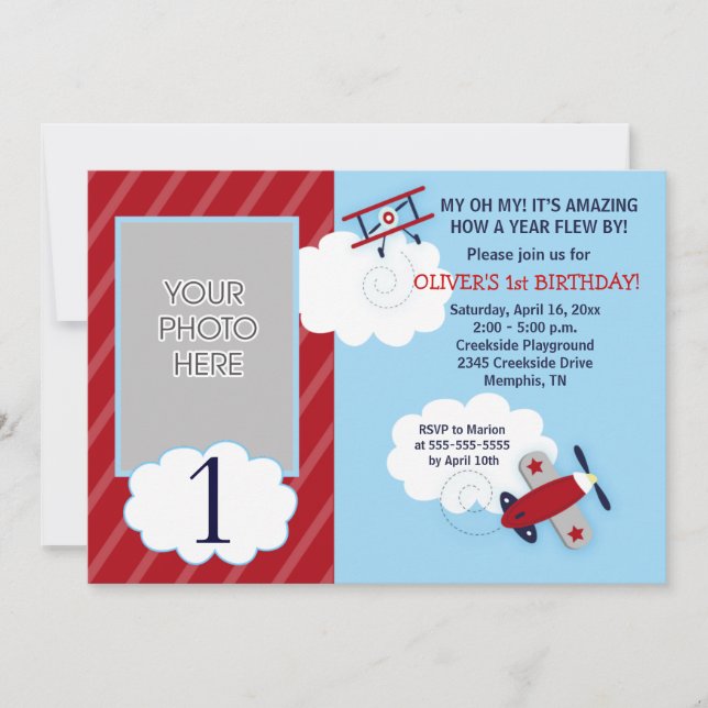 Airplane Little Aviator Red & Navy Photo Birthday Invitation (Front)