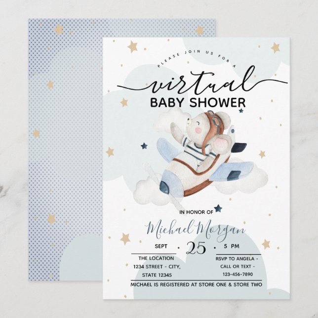 Airplane Mouse Clouds Dots Virtual Baby Shower Invitation (Front/Back)