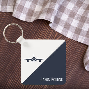 Airplane Navy Blue and White Stylish Photo Travel Keychain