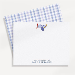 Airplane Nursery Note Card with Blue Gingham Back