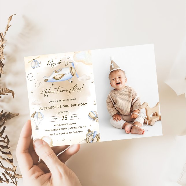 Airplane Oh My Time Flies Travel Birthday Photo  Invitation (Creator Uploaded)