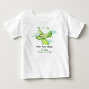 Airplane Oh My Time Flies Travel First Birthday Baby T-Shirt