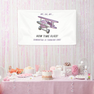 Airplane Oh My Time Flies Travel First Birthday  Banner