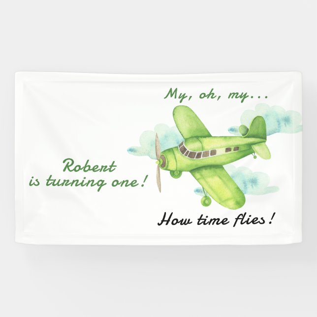 Airplane Oh My Time Flies Travel First Birthday  Banner (Horizontal)