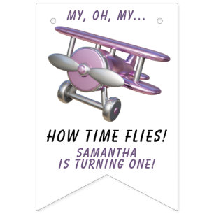 Airplane Oh My Time Flies Travel First Birthday  Bunting Flags