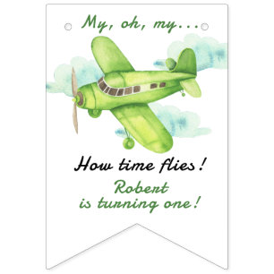 Airplane Oh My Time Flies Travel First Birthday  Bunting Flags