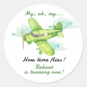 Airplane Oh My Time Flies Travel First Birthday  Classic Round Sticker