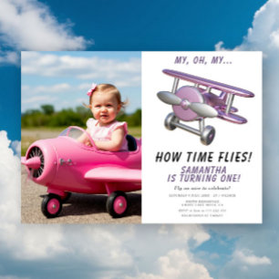 Airplane Oh My Time Flies Travel First Birthday Invitation