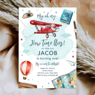 Airplane Oh My Time Flies Travel First Birthday Invitation