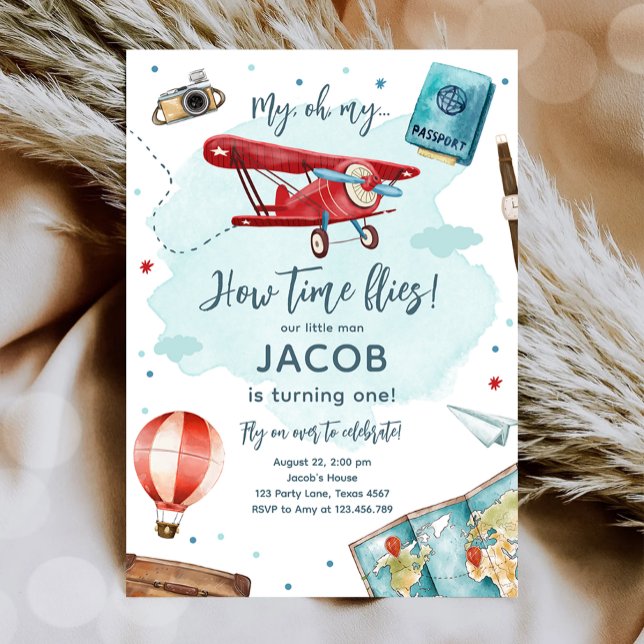 Airplane Oh My Time Flies Travel First Birthday Invitation (Creator Uploaded)