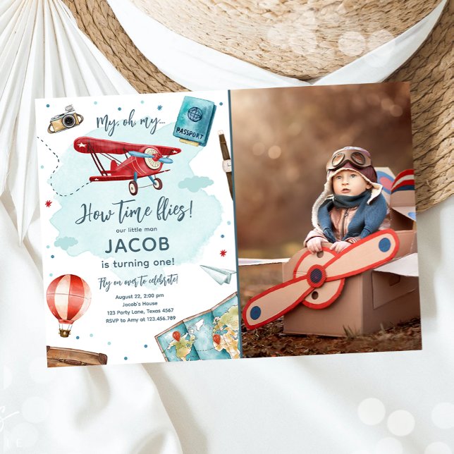 Airplane Oh My Time Flies Travel First Birthday Invitation (Creator Uploaded)