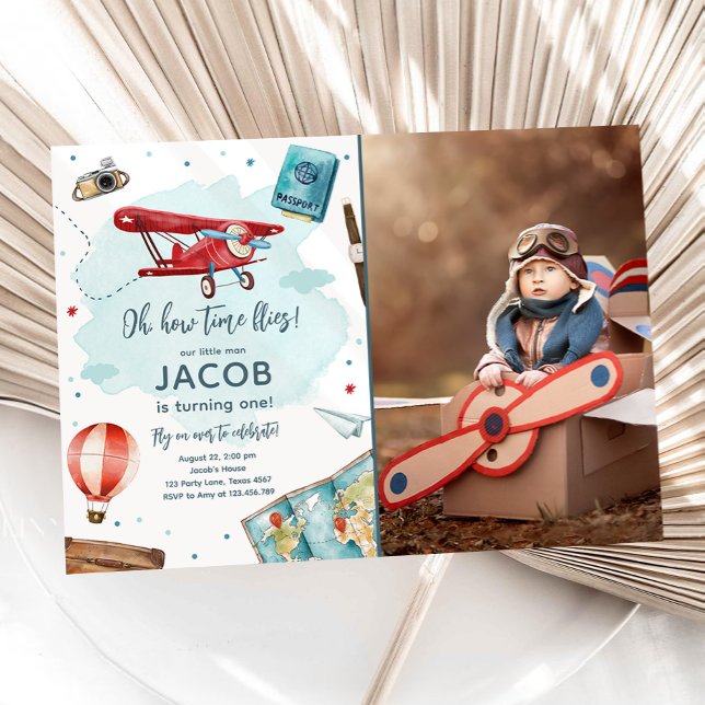 Airplane Oh My Time Flies Travel First Birthday Invitation (Creator Uploaded)