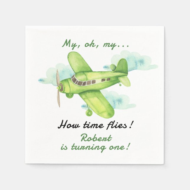 Airplane Oh My Time Flies Travel First Birthday  Napkin (Front)