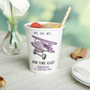 Airplane Oh My Time Flies Travel First Birthday  Paper Cups