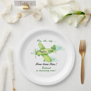 Airplane Oh My Time Flies Travel First Birthday  Paper Plate