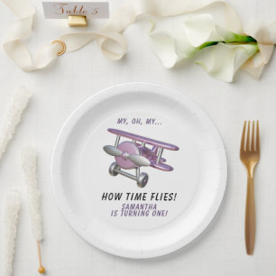 Airplane Oh My Time Flies Travel First Birthday  Paper Plate